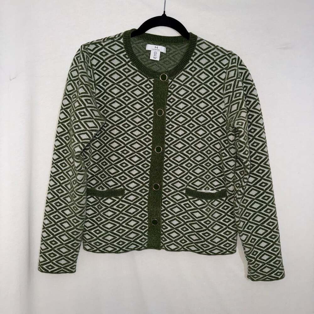 Halston Green Diamond Jacquard Pattern Knit Cardigan Sweater Size S